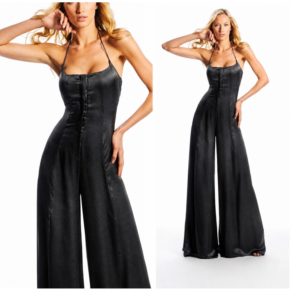 Alexis Black 100% Silk  Halter Wide Leg Jumpsuit Womens XS Made‎ in USA